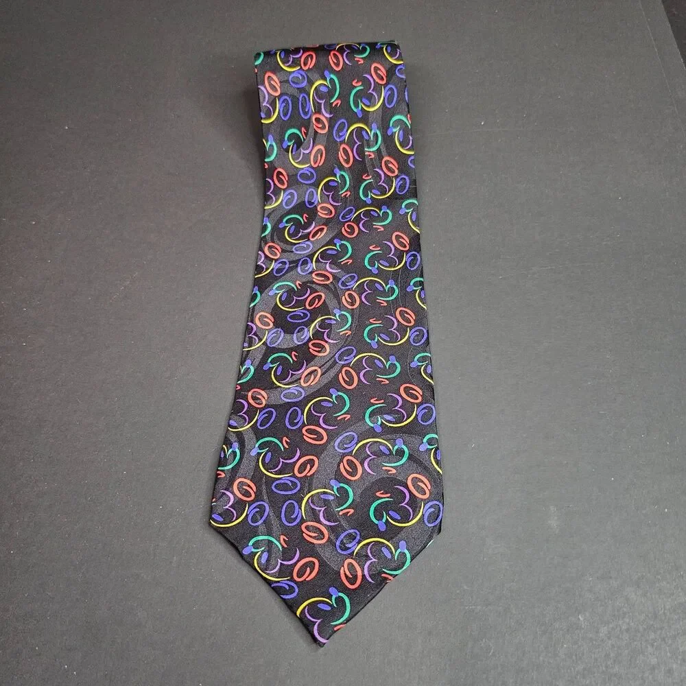 Vtg 1990s Mickey Mouse Neon Profile Black Background Tie Walt Disney World Silk